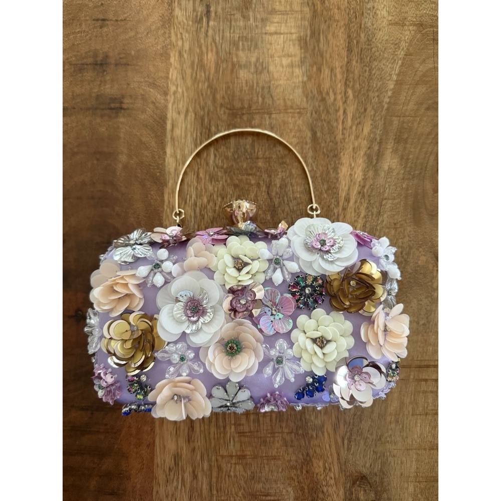bebe Floral Sequin Embellished Clutch Purse Lavender Gold Evening Bag